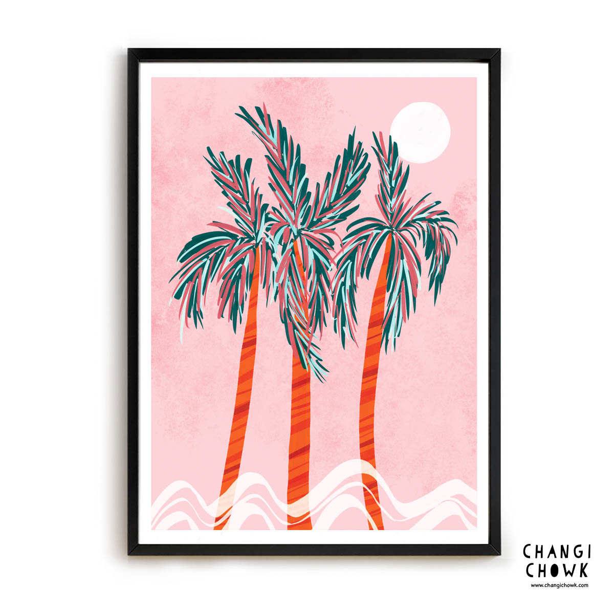 Pink Sunset Sentosa Singapore Art Illustration Palm Waves